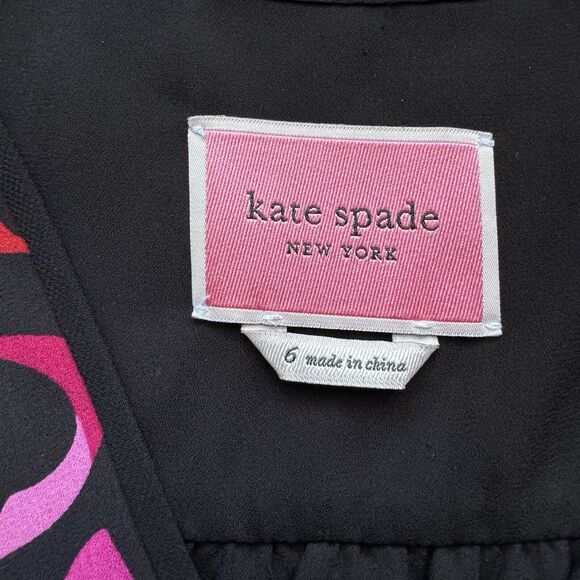Kate Spade NY Dress Sz 6 Bow Print Ruffle Hem Black Pink Red Holiday Party - Picture 7 of 15